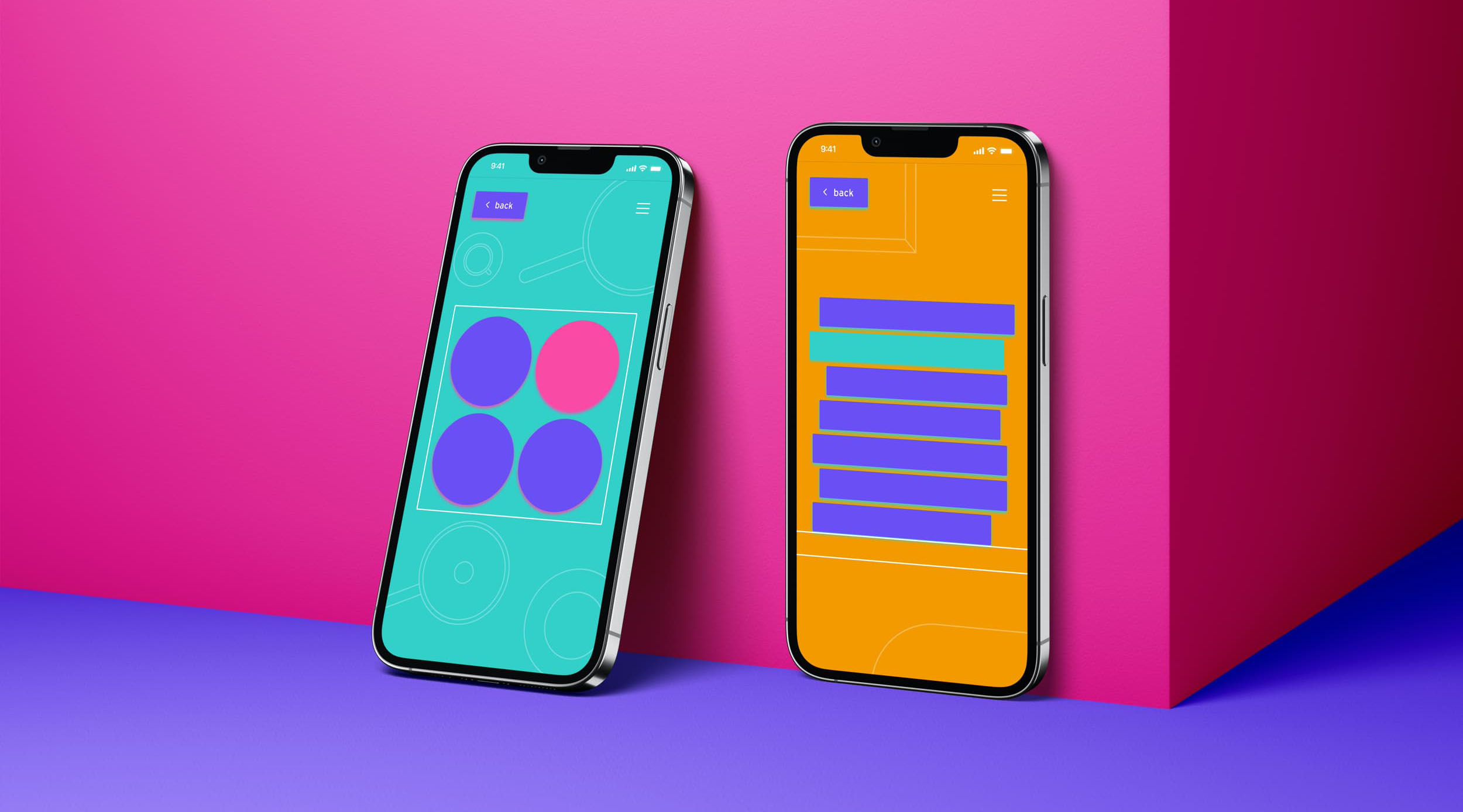 Two smartphone leaning against a pink wall. One showing three purple and one pink circle. The other phone showing a stack of rectangles one pink and the rest purple